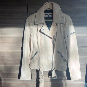7 for All Mankind leather moto, M. Unique color, beige with a pinkish tint. EUC!
